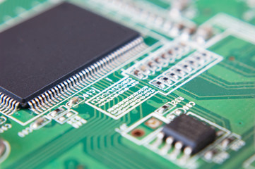 Electronic circuit board closeup. Electronic computer hardware technology macro. Motherboard...