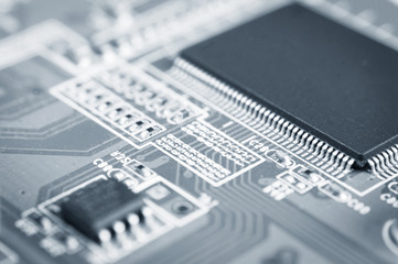 Electronic circuit board closeup. Electronic computer hardware technology macro. Motherboard...