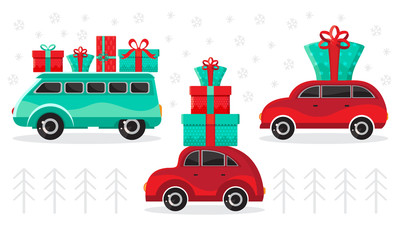 Cars with gifts on a winter background. Christmas cars toys with gift boxes of vector cartoon. Flat design vector holiday design element. Christmas and new year shopping.