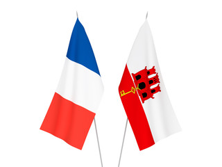 National fabric flags of France and Gibraltar isolated on white background. 3d rendering illustration.