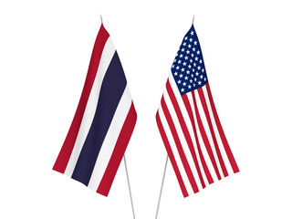 National fabric flags of America and Thailand isolated on white background. 3d rendering illustration.