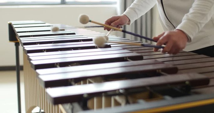 marimba wooden bars hit by percussionist musical hands. musician playing marimba. perfect video to introduce marimba instrument to the youth.