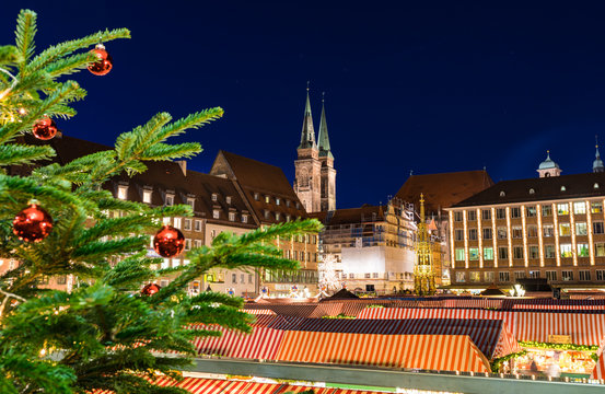 Nuremberg, Germany - December 2018: View of christmas market, famous landmark of Nuremberg, Franconia, Bavaria