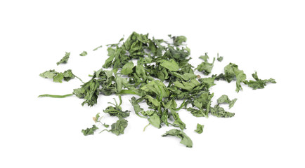 Scattered aromatic dried parsley on white background
