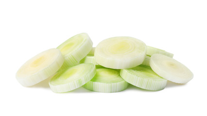 Fresh raw leek slices on white background. Ripe onion