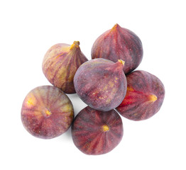 Pile of tasty fresh figs on white background, top view