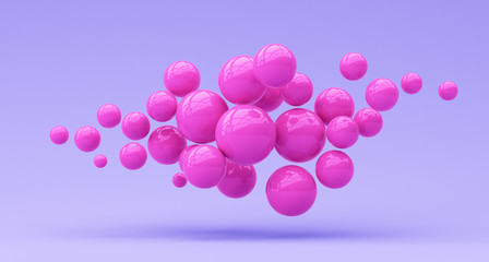 Many pink balloons flying on purple background. 3d render illustration.
