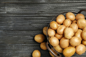 Raw fresh organic potatoes on black wooden background, top view. Space for text