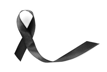 Black ribbon on white background, top view. Funeral symbol - obrazy, fototapety, plakaty
