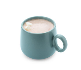 Delicious cocoa drink with marshmallows in blue cup on white background