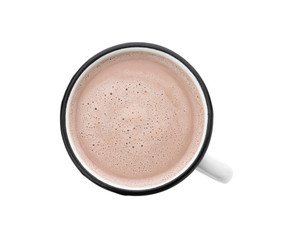 Delicious cocoa drink in mug on white background, top view