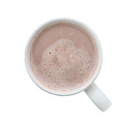 Delicious cocoa in cup on white background, top view