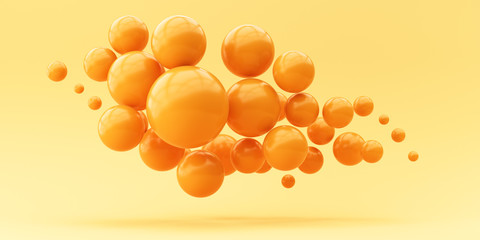 Illustration for advertising. Many spheres falling on a yellow background. 3d render illustration.