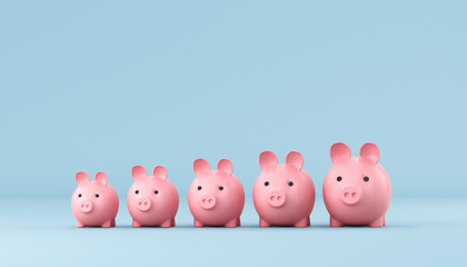 Pink piggy banks on a blue background. 3d render illustration.