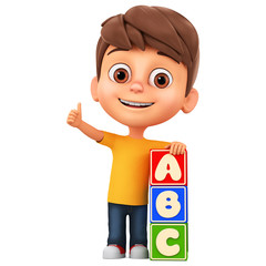 Cartoon character little boy with alphabet cubes on a white background. 3d render illustration.