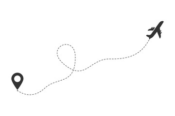 Fototapeta premium Airplane travel concept with map pins, GPS points. Flight start point concept or theme. Aircrafts and map pointer symbols vector illustration.