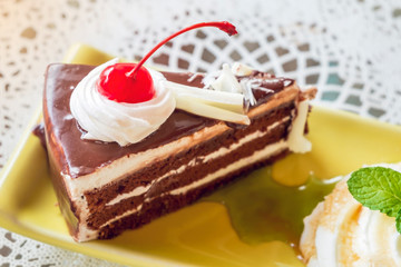 Top view of fresh mint and chocolate cake on plate, close up