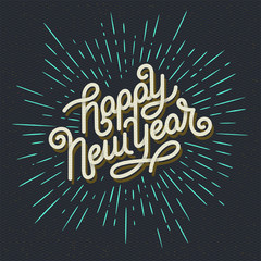 Happy New Year Lettering with burst rays. Holiday Vector Illustration. Lettering Composition And Light Rays Or Sunburst - 297248112