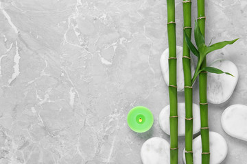 Flat lay composition with green bamboo stems on grey background. Space for text