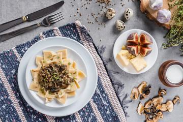 Delicious appetizing pasta with mushroom sauce and ingredients for its preparation. Top view.