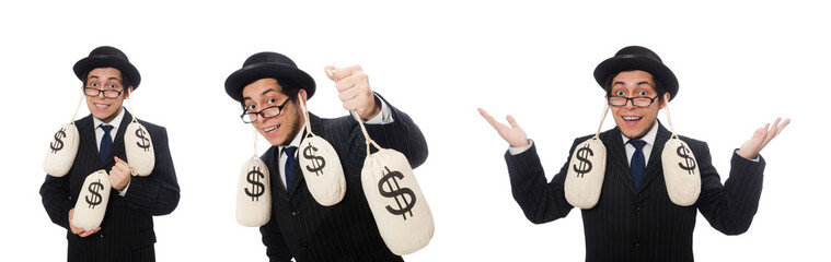 Young employee holding money bags isolated on white