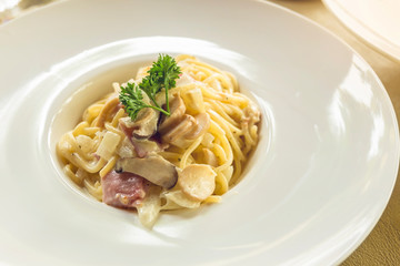 Close up of spaghetti cheese bacon and mushrooms in white plate