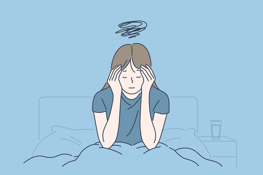 Morning migraine, chronic fatigue and nervous tension, stress or flu symptom, hard to wake up concept. Young woman with strong headache, tired and exhausted girl holding head. Simple flat vector