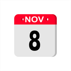 November 8 - Calendar Icon. Calendar Icon with shadow. Flat style. Date, day and month. Reminder. Vector illustration. Organizer application, app symbol. Ui. User interface sign.