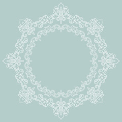 Oriental round frame with arabesques and floral elements. Floral white round border with vintage pattern. Greeting card with place for text