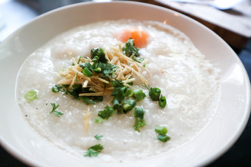 rice gruel or congee with egg and pork