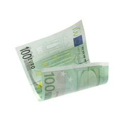 Flying one hundred Euro banknote isolated on white