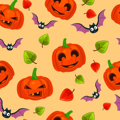 Vector pattern of Halloween pumpkins with bats and leafs