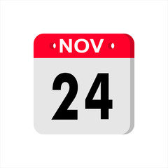 Fototapeta premium November 24 - Calendar Icon. Calendar Icon with shadow. Flat style. Date, day and month. Reminder. Vector illustration. Organizer application, app symbol. Ui. User interface sign.