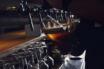 Bartender pouring beer into glass in pub, closeup