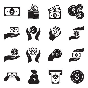 Money Icons. Set 2. Black Flat Design. Vector Illustration.