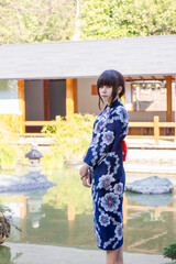girl in japanese traditional casual summer costume kimono yukata
