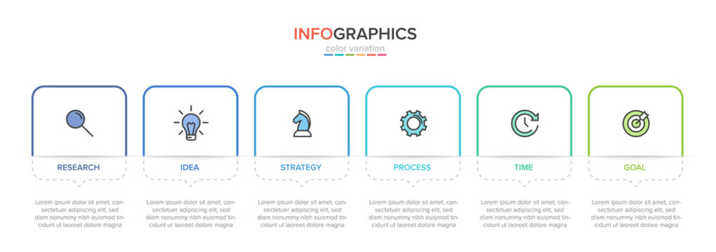 Concept of arrow business model with 6 successive steps. Six colorful graphic elements. Timeline design for brochure, presentation. Infographic design layout.