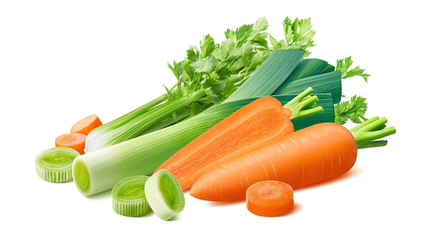 Fresh leek, celery and carrot isolated on white background