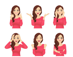 Fototapeta Set of young beautiful woman with different emotions. Facial expression with various gestures isolated vector illustration obraz