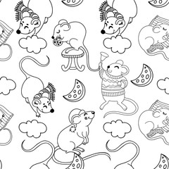 Vector seamless pattern with funny happy hand drawn mice characters isolated on white background.