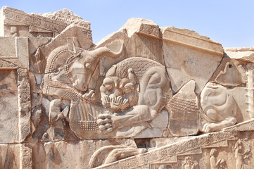 Famous bas-relief on the wall in ancient city Persepolis,  Iran
