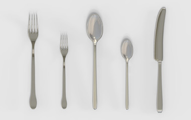 3d rendering. Forks Spoon and Knife silverware with clipping path isolated on gray background.