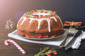 Homemade chocolate Christmas cake decorated with rosemary and pomegranate, front view
