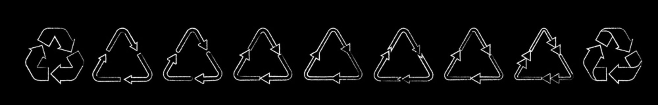 Chalked recycle triangle arrow symbols set vector illustration. White chalk style pictograms of reuse or recycling process, arrow cycle in triangle isolated on blackboard for enviromental infographic