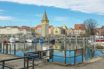 Fototapeta na wymiar Colorful historic buildings at the port of Lindau, Germany