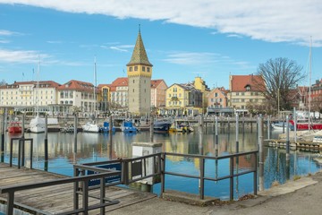 Fototapeta premium Colorful historic buildings at the port of Lindau, Germany