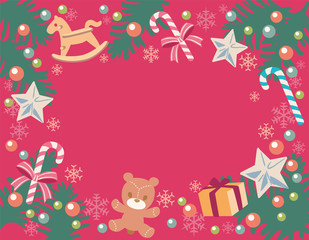 Christmas themed b background with pine branches and decorative items. Flat style. Vector illustration.