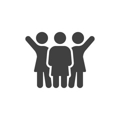 Three girlfriends with raised hands vector icon. filled flat sign for mobile concept and web design. Girlfriends Friendship glyph icon. Symbol, logo illustration. Vector graphics
