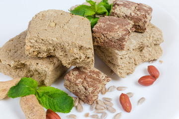 Sunflower halva with different addition, sunflower seeds, peanuts and mint