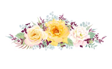 Obraz na płótnie Canvas Floral horizontal decor with flowers roses yellow and pink colors, leaves, branches. Beautiful vector illustration with love for your holiday.